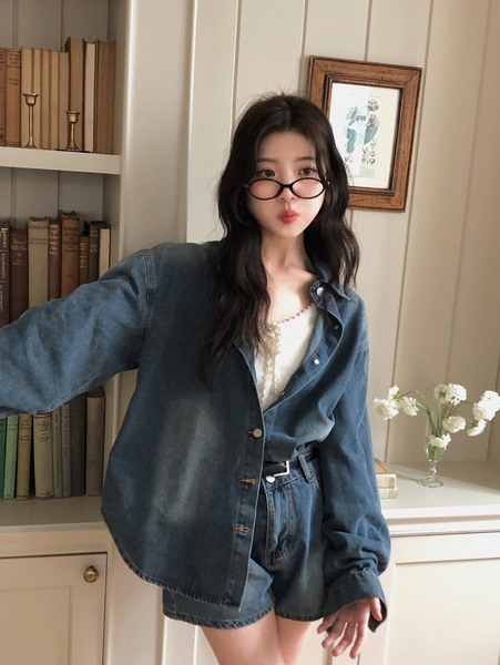 [VINVLE] Washing Denim Long-Sleeved Shirt + Shorts SET