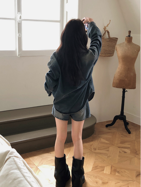 [VINVLE] Washing Denim Long-Sleeved Shirt + Shorts SET