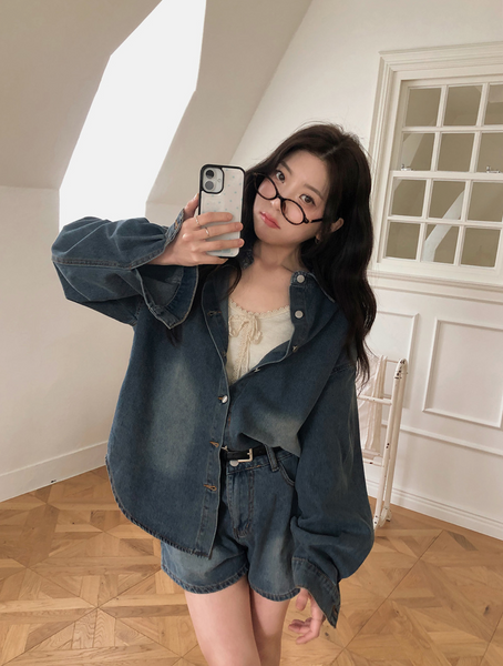 [VINVLE] Washing Denim Long-Sleeved Shirt + Shorts SET