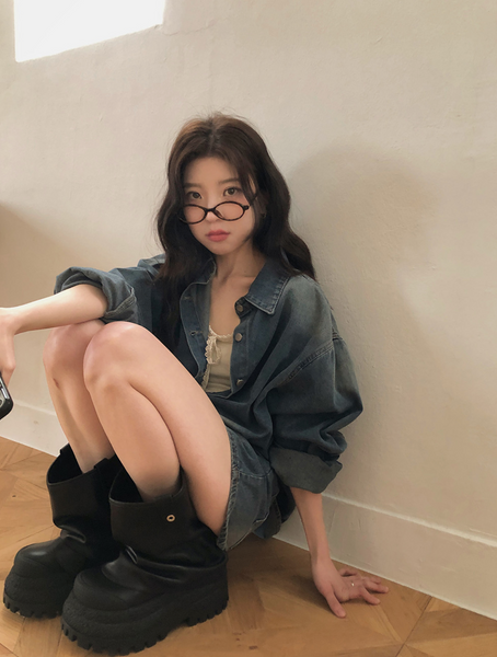 [VINVLE] Washing Denim Long-Sleeved Shirt + Shorts SET