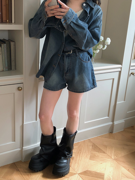 [VINVLE] Washing Denim Long-Sleeved Shirt + Shorts SET