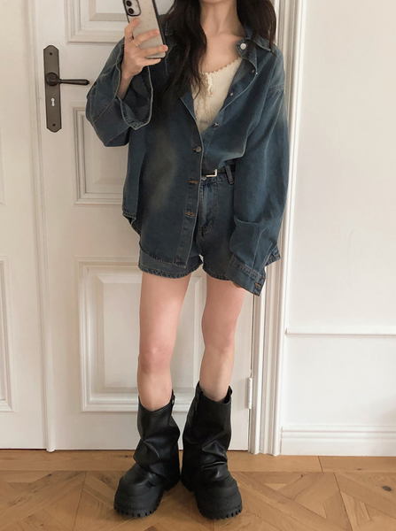 [VINVLE] Washing Denim Long-Sleeved Shirt + Shorts SET