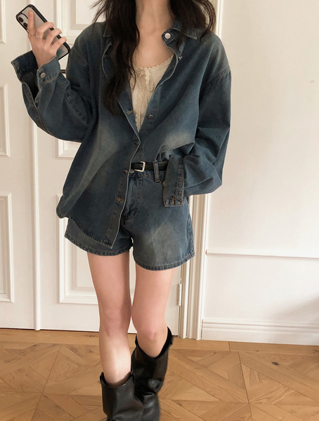 [VINVLE] Washing Denim Long-Sleeved Shirt + Shorts SET