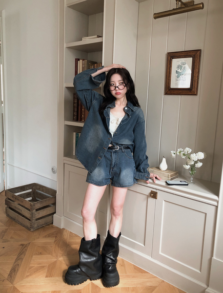 [VINVLE] Washing Denim Long-Sleeved Shirt + Shorts SET