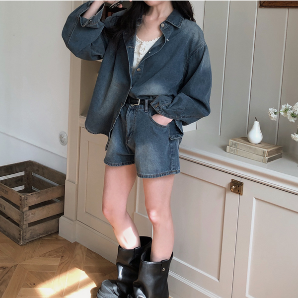 [VINVLE] Washing Denim Long-Sleeved Shirt + Shorts SET