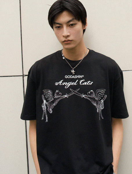 [GODASHIN] ANGEL CATS T-SHIRT (BLACK)