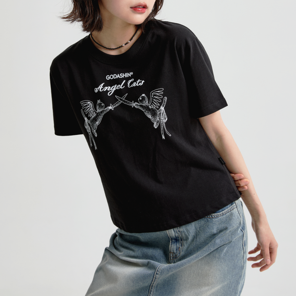 [GODASHIN] ANGEL CATS T-SHIRT (BLACK)