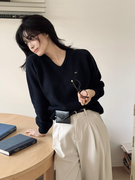 [SLOWAND] # SLOWMADE Cotton Garment Symbol V-neck Knitwear