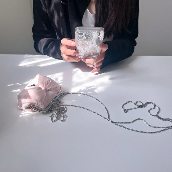 [Peakdrawing] Rose Pink Stripe Ribbon Frame Mini Bag