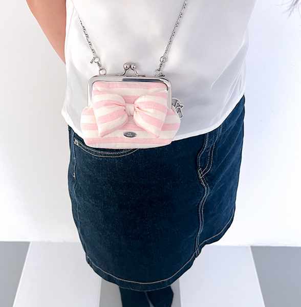 [Peakdrawing] Rose Pink Stripe Ribbon Frame Mini Bag