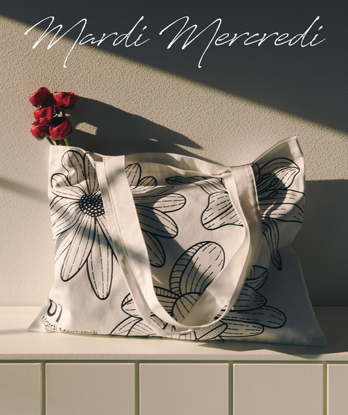 [MARDI MERCREDI] CANVAS BAG TRIPLE FLOWER WHITE BLACK