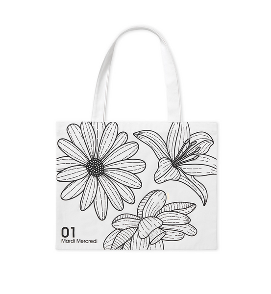 [MARDI MERCREDI] CANVAS BAG TRIPLE FLOWER WHITE BLACK