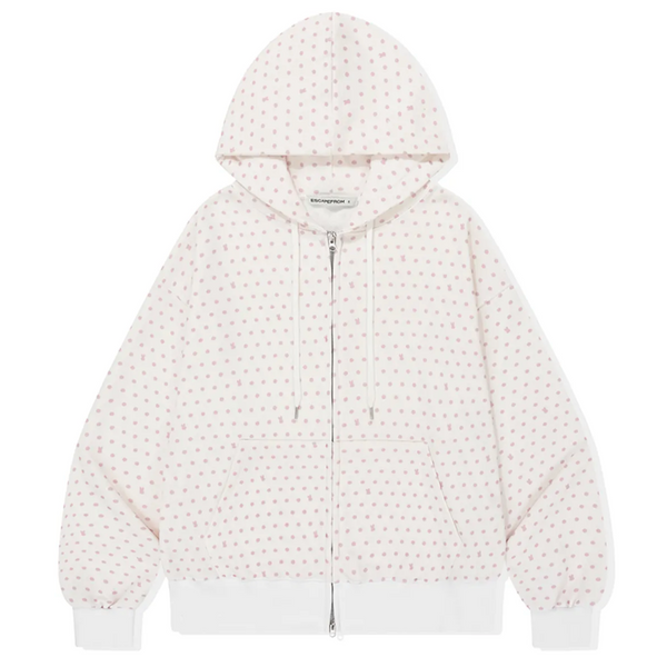 [ESCAPEFROM] Light Pink Rabbit Dot Full Print Two-way Hooded Zip-up Ivory