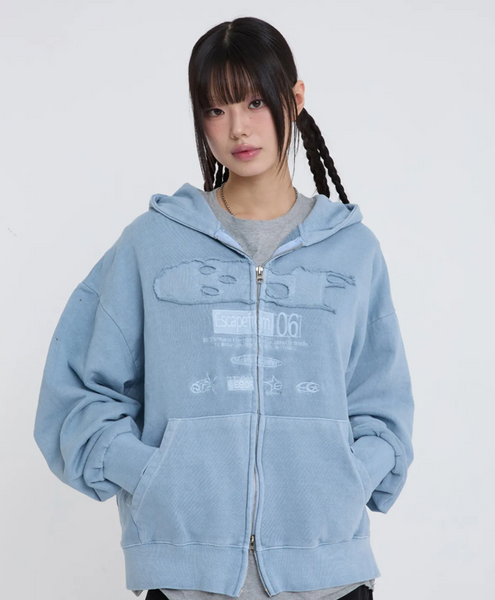[ESCAPEFROM] ESCF Logo Collar Applique Two-Way Pigment Hooded Zip-Up Dusty Blue