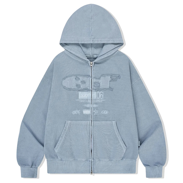[ESCAPEFROM] ESCF Logo Collar Applique Two-Way Pigment Hooded Zip-Up Dusty Blue
