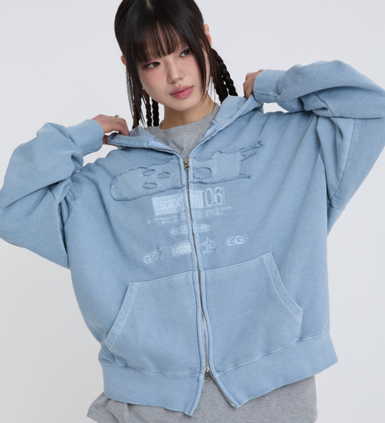 [ESCAPEFROM] ESCF Logo Collar Applique Two-Way Pigment Hooded Zip-Up Dusty Blue