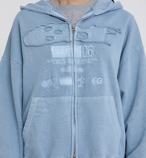 [ESCAPEFROM] ESCF Logo Collar Applique Two-Way Pigment Hooded Zip-Up Dusty Blue