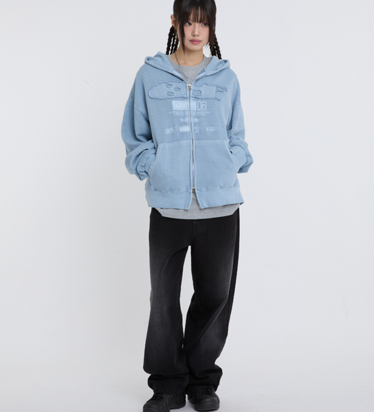 [ESCAPEFROM] ESCF Logo Collar Applique Two-Way Pigment Hooded Zip-Up Dusty Blue