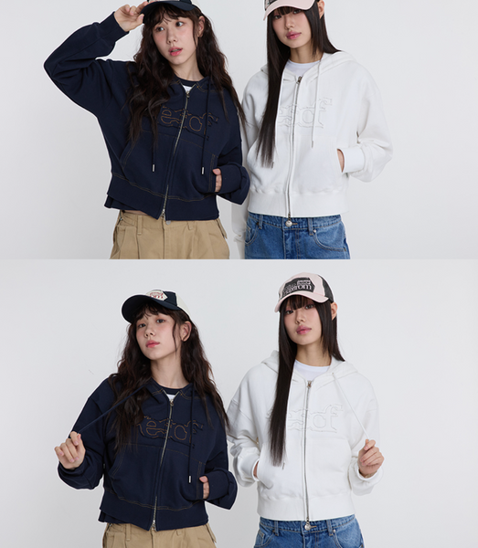 [ESCAPEFROM] Flare Type Logo Applique Cropped Hooded Zip-Up Navy