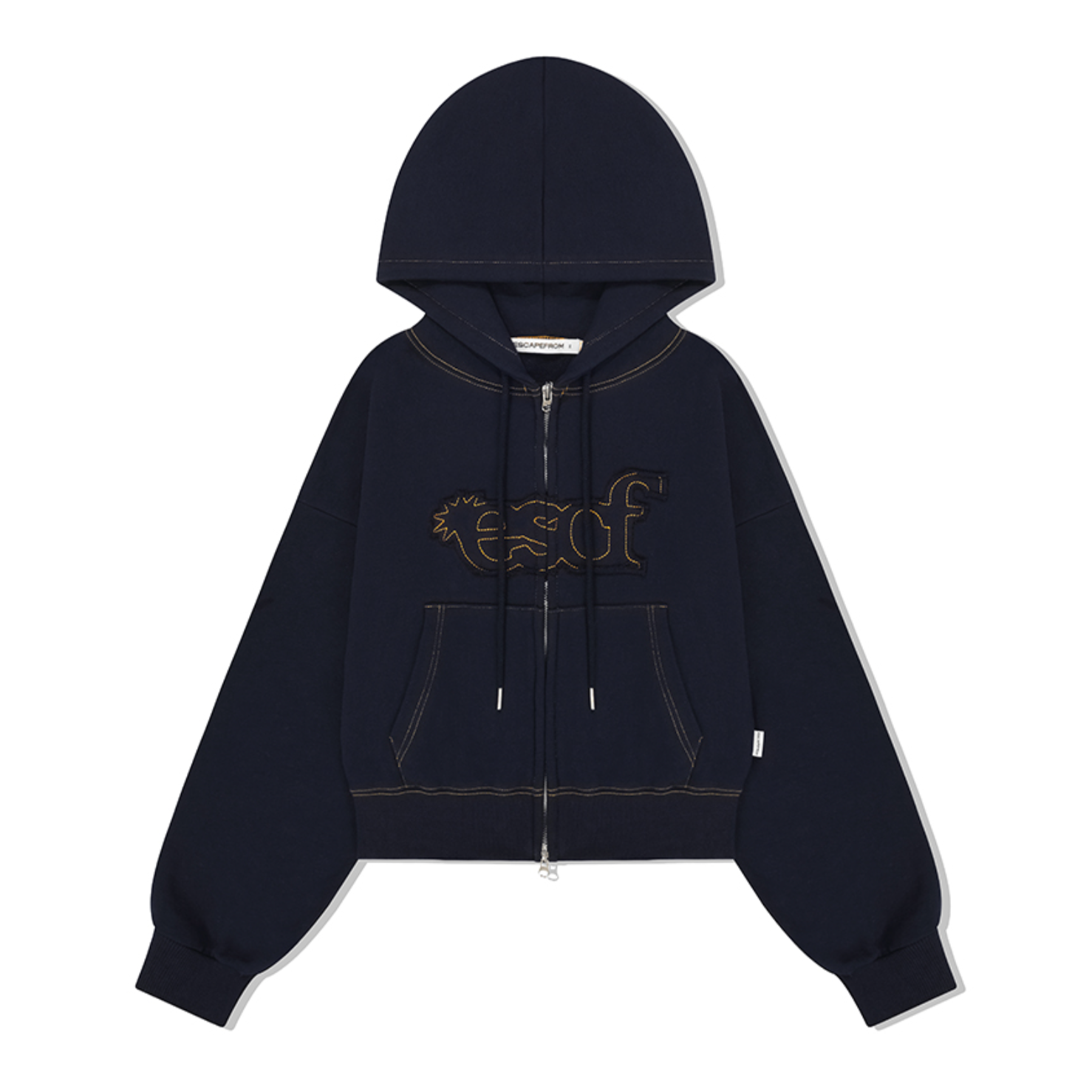 [ESCAPEFROM] Flare Type Logo Applique Cropped Hooded Zip-Up Navy