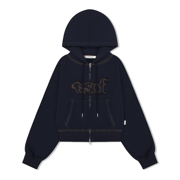 [ESCAPEFROM] Flare Type Logo Applique Cropped Hooded Zip-Up Navy