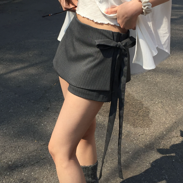 [MODIMOOD] Stripe Ribbon Wrap Mini Skirt Pants