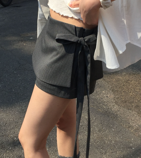 [MODIMOOD] Stripe Ribbon Wrap Mini Skirt Pants