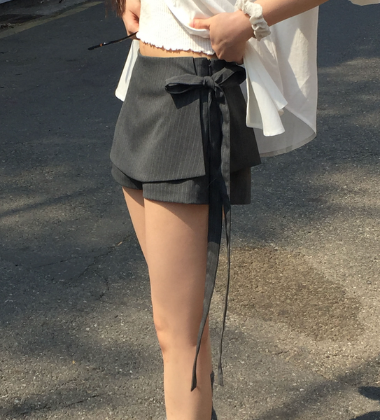 [MODIMOOD] Stripe Ribbon Wrap Mini Skirt Pants