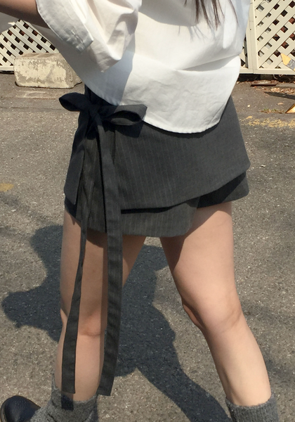 [MODIMOOD] Stripe Ribbon Wrap Mini Skirt Pants