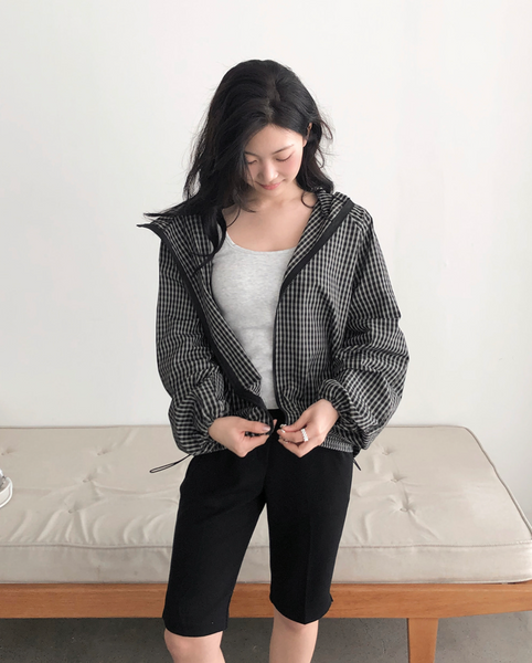 [SLOWAND] Dark Cozy Fine Checkered Hooded Jumper