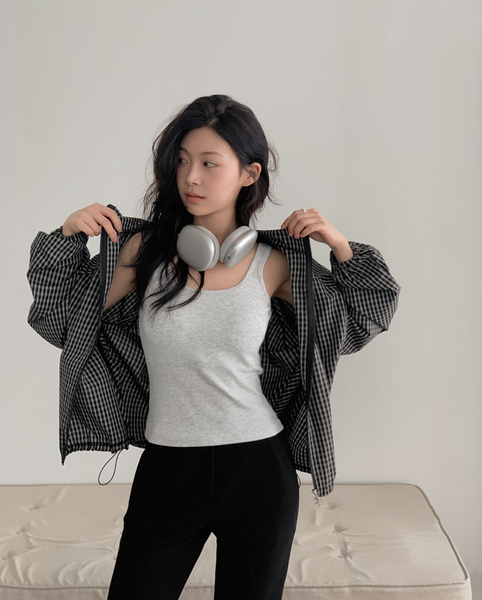 [SLOWAND] Dark Cozy Fine Checkered Hooded Jumper