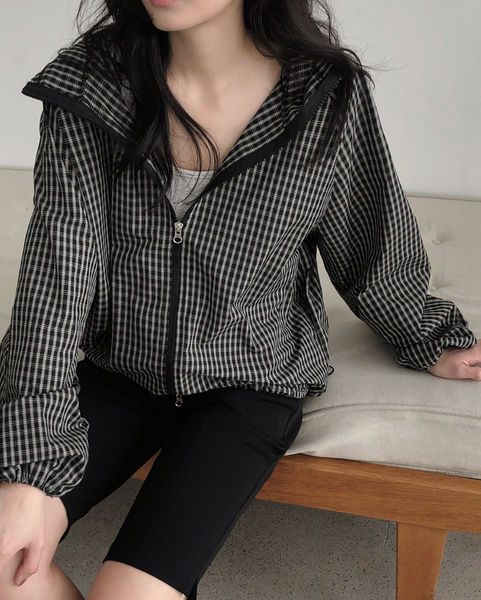 [SLOWAND] Dark Cozy Fine Checkered Hooded Jumper