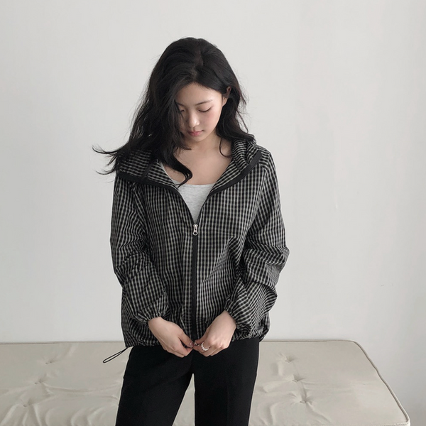 [SLOWAND] Dark Cozy Fine Checkered Hooded Jumper