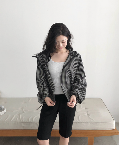 [SLOWAND] Dark Cozy Fine Checkered Hooded Jumper