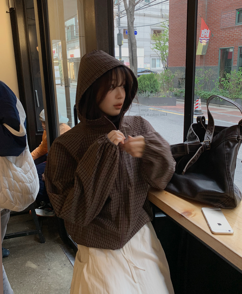 [SLOWAND] Dark Cozy Fine Checkered Hooded Jumper