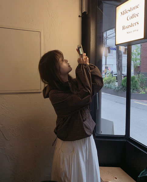 [SLOWAND] Dark Cozy Fine Checkered Hooded Jumper