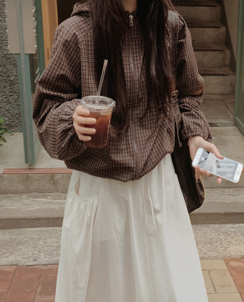 [SLOWAND] Dark Cozy Fine Checkered Hooded Jumper