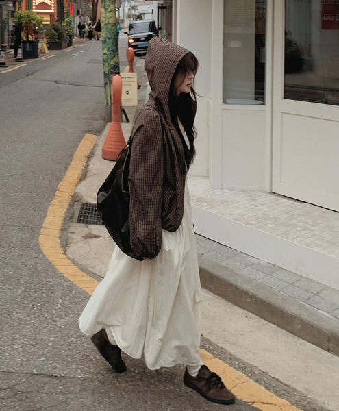 [SLOWAND] Dark Cozy Fine Checkered Hooded Jumper