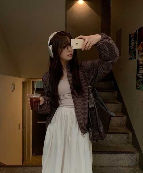 [SLOWAND] Dark Cozy Fine Checkered Hooded Jumper