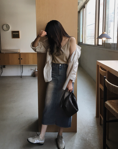 [SLOWAND] # SLOWMADE Vintage-Washed Spring Summer Denim Skirt
