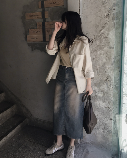 [SLOWAND] # SLOWMADE Vintage-Washed Spring Summer Denim Skirt
