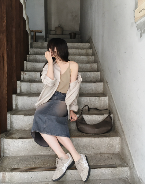 [SLOWAND] # SLOWMADE Vintage-Washed Spring Summer Denim Skirt