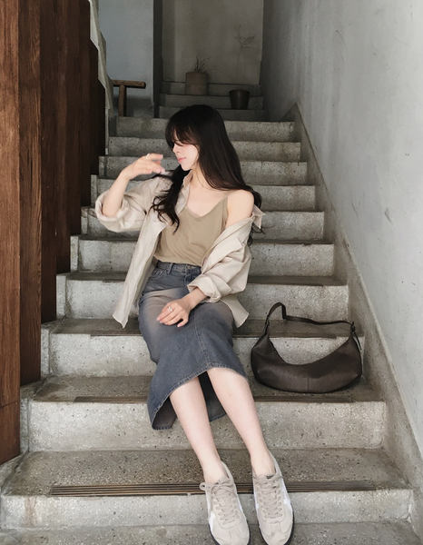 [SLOWAND] # SLOWMADE Vintage-Washed Spring Summer Denim Skirt