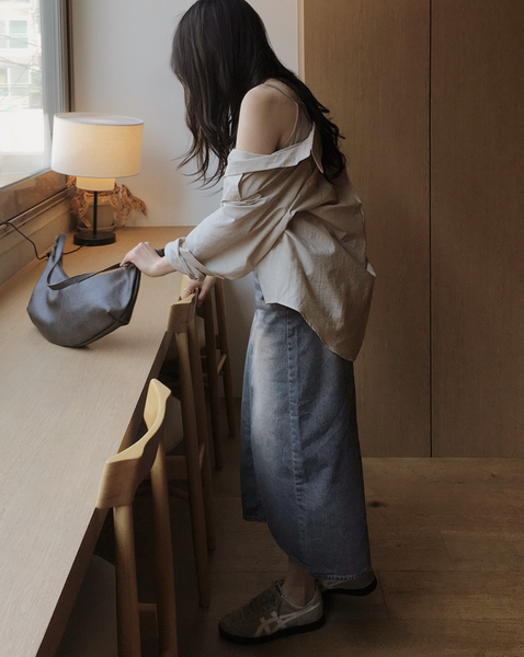 [SLOWAND] # SLOWMADE Vintage-Washed Spring Summer Denim Skirt