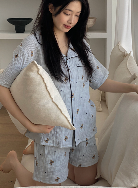 [Juuneedu] Mandy Bear Crinkle Cotton Short Sleeve Pyjamas