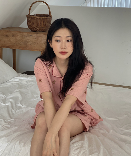 [Juuneedu] Mandy Bear Crinkle Cotton Short Sleeve Pyjamas