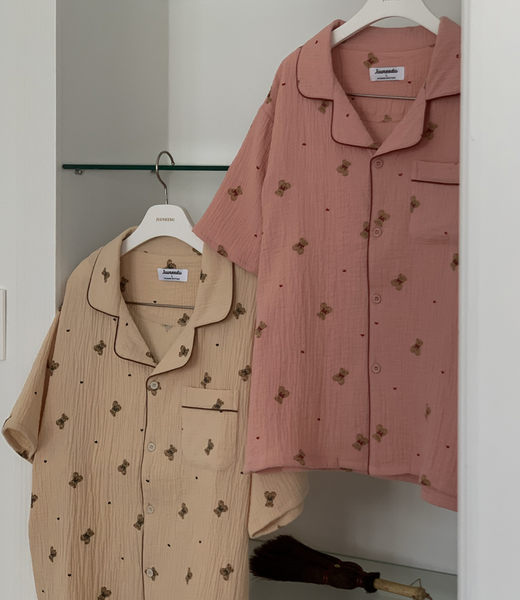 [Juuneedu] Mandy Bear Crinkle Cotton Short Sleeve Pyjamas