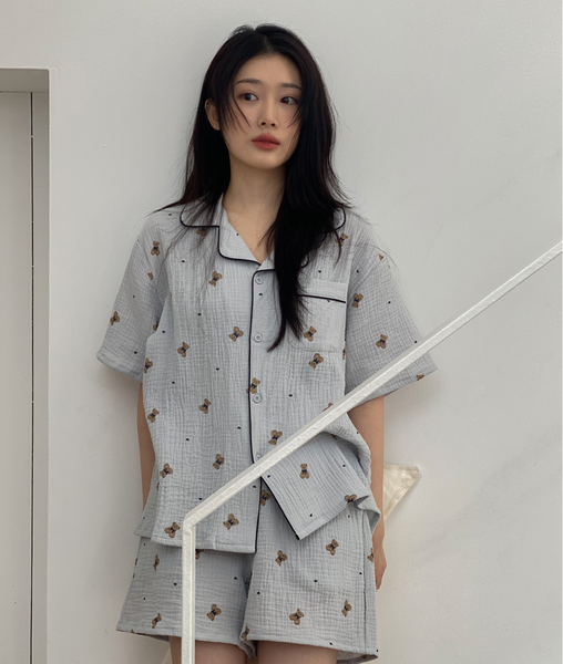 [Juuneedu] Mandy Bear Crinkle Cotton Short Sleeve Pyjamas