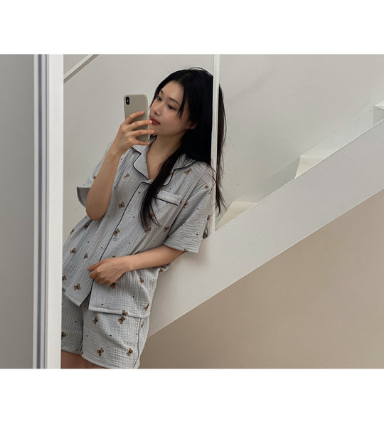[Juuneedu] Mandy Bear Crinkle Cotton Short Sleeve Pyjamas
