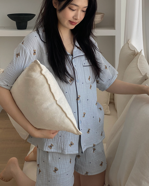 [Juuneedu] Mandy Bear Crinkle Cotton Short Sleeve Pyjamas